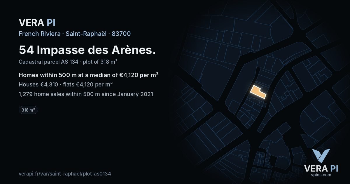 54 Impasse des Arènes, Saint-Raphaël at night – the plot lit, the parcels around coloured by the prices near them