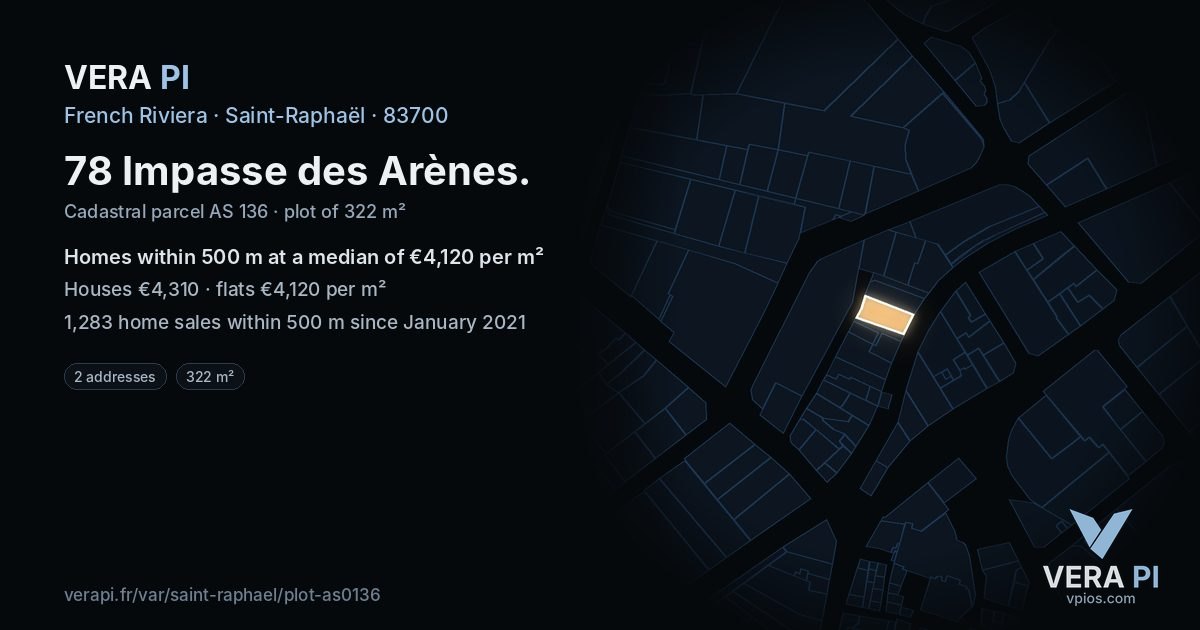 78 Impasse des Arènes, Saint-Raphaël at night – the plot lit, the parcels around coloured by the prices near them