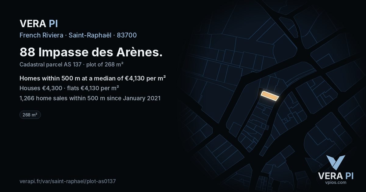 88 Impasse des Arènes, Saint-Raphaël at night – the plot lit, the parcels around coloured by the prices near them