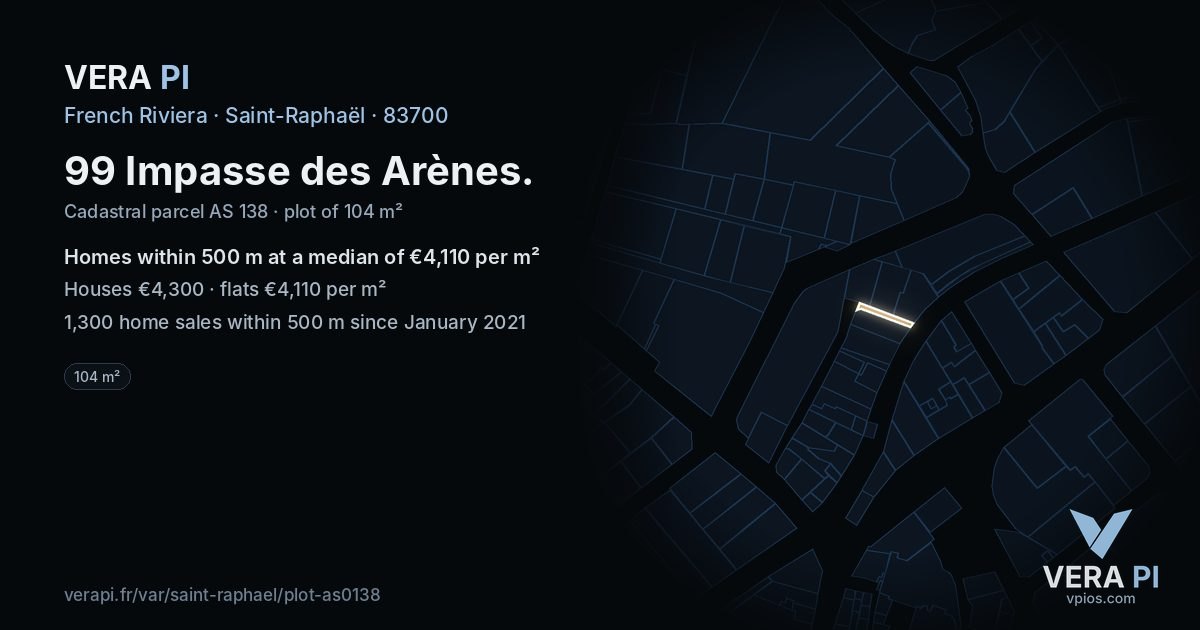 99 Impasse des Arènes, Saint-Raphaël at night – the plot lit, the parcels around coloured by the prices near them