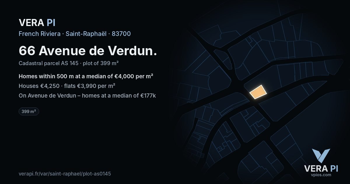 66 Avenue de Verdun, Saint-Raphaël at night – the plot lit, the parcels around coloured by the prices near them