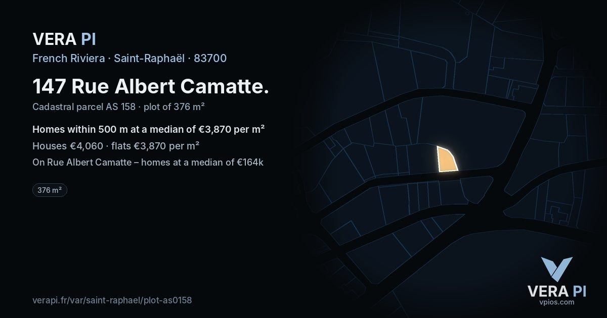 147 Rue Albert Camatte, Saint-Raphaël at night – the plot lit, the parcels around coloured by the prices near them