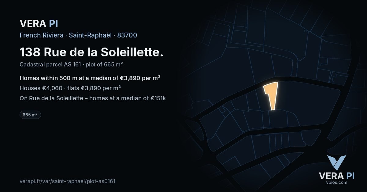 138 Rue de la Soleillette, Saint-Raphaël at night – the plot lit, the parcels around coloured by the prices near them
