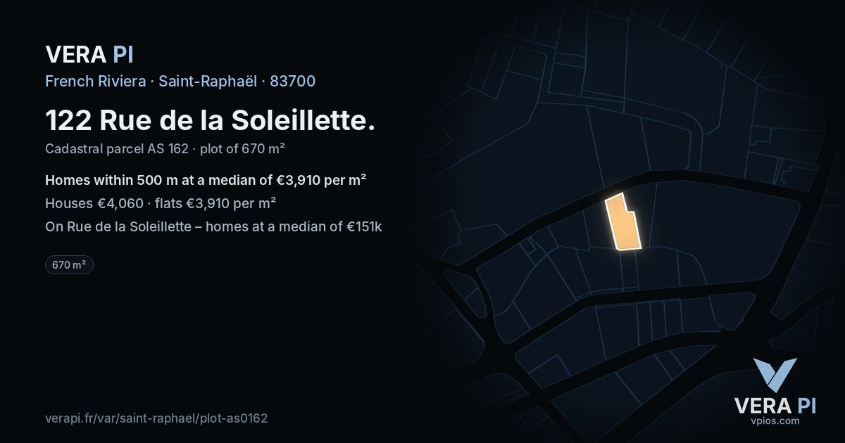 122 Rue de la Soleillette, Saint-Raphaël at night – the plot lit, the parcels around coloured by the prices near them