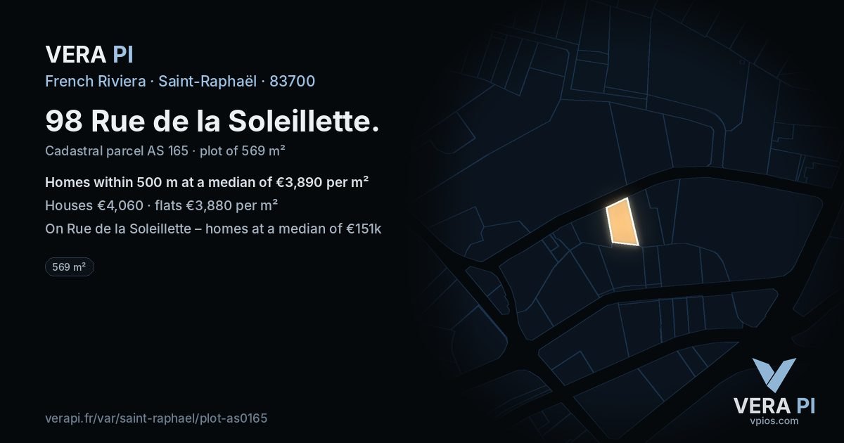 98 Rue de la Soleillette, Saint-Raphaël at night – the plot lit, the parcels around coloured by the prices near them