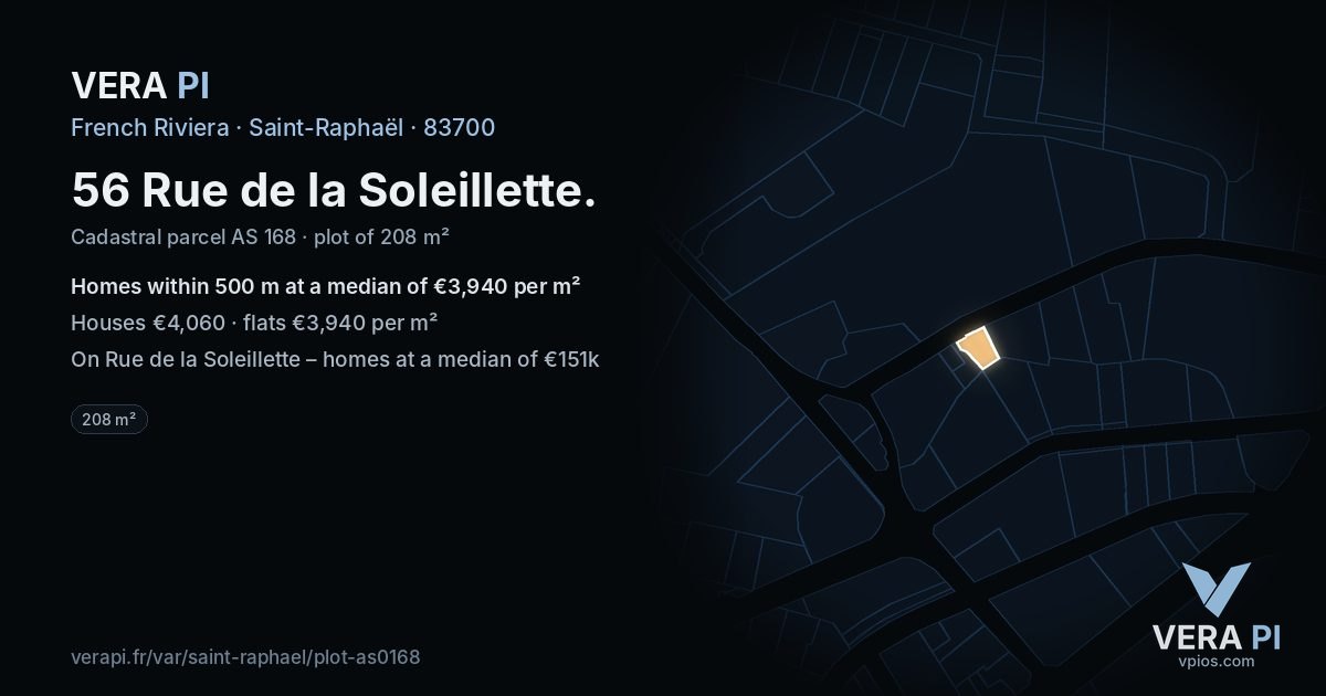 56 Rue de la Soleillette, Saint-Raphaël at night – the plot lit, the parcels around coloured by the prices near them
