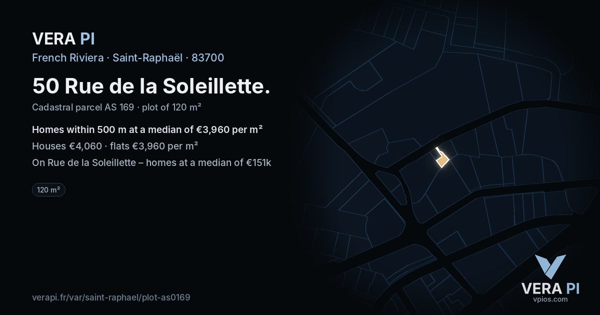 50 Rue de la Soleillette, Saint-Raphaël at night – the plot lit, the parcels around coloured by the prices near them