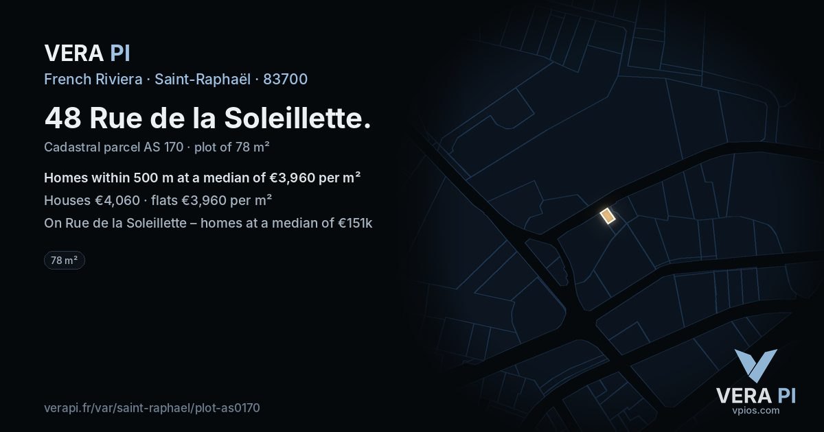 48 Rue de la Soleillette, Saint-Raphaël at night – the plot lit, the parcels around coloured by the prices near them