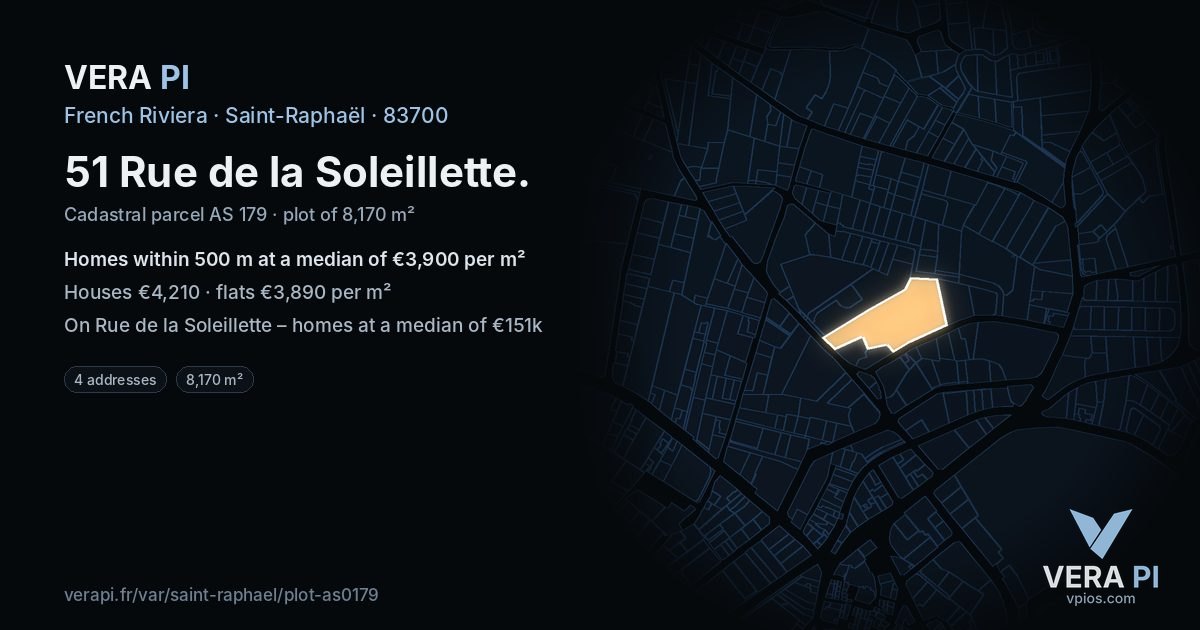 51 Rue de la Soleillette, Saint-Raphaël at night – the plot lit, the parcels around coloured by the prices near them