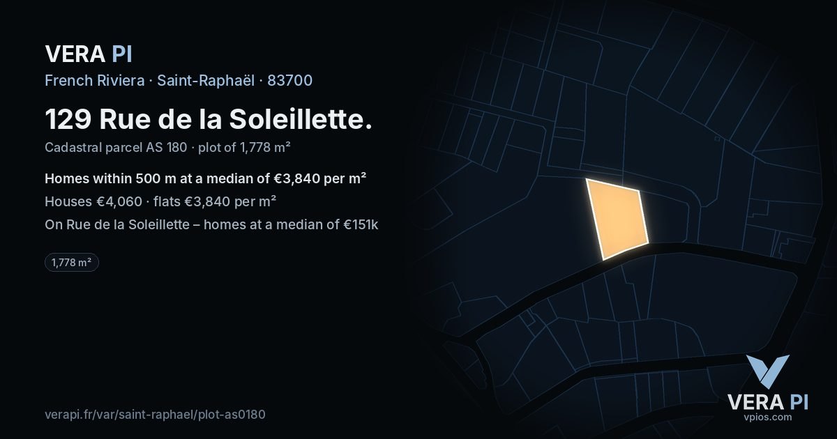 129 Rue de la Soleillette, Saint-Raphaël at night – the plot lit, the parcels around coloured by the prices near them