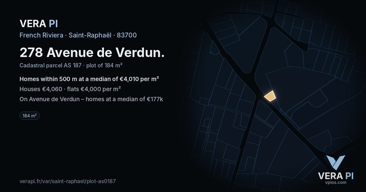278 Avenue de Verdun, Saint-Raphaël at night – the plot lit, the parcels around coloured by the prices near them