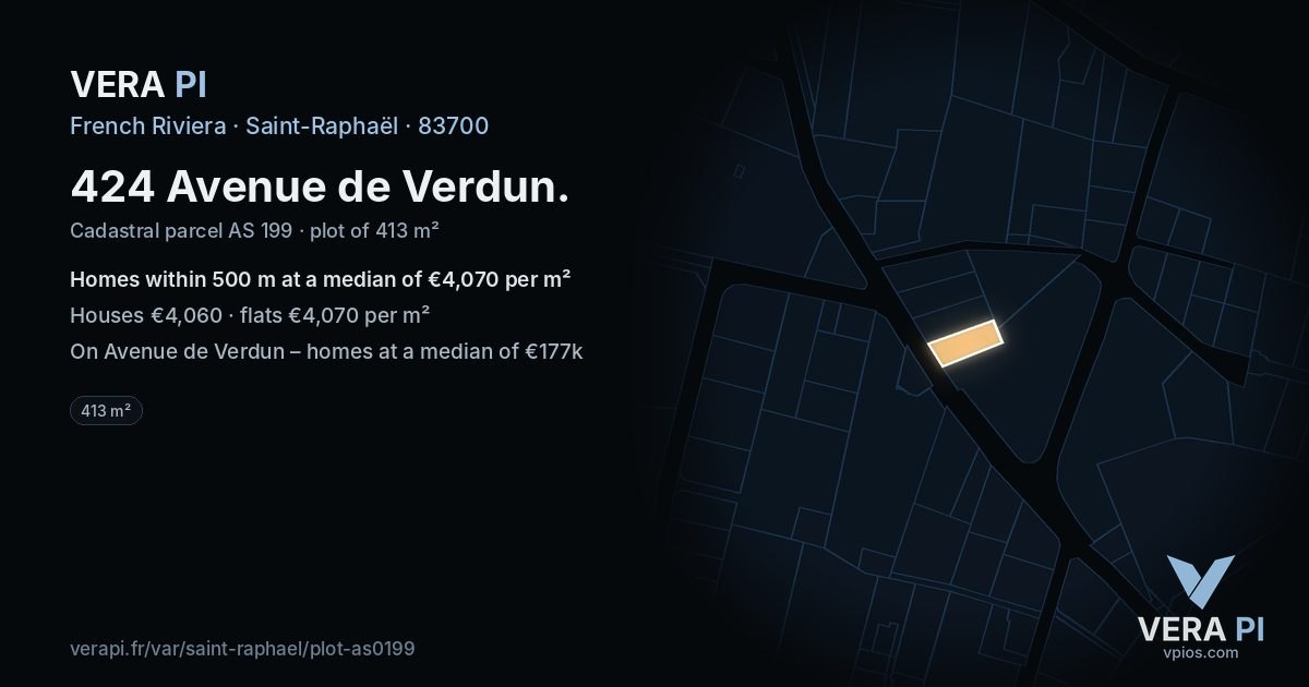 424 Avenue de Verdun, Saint-Raphaël at night – the plot lit, the parcels around coloured by the prices near them