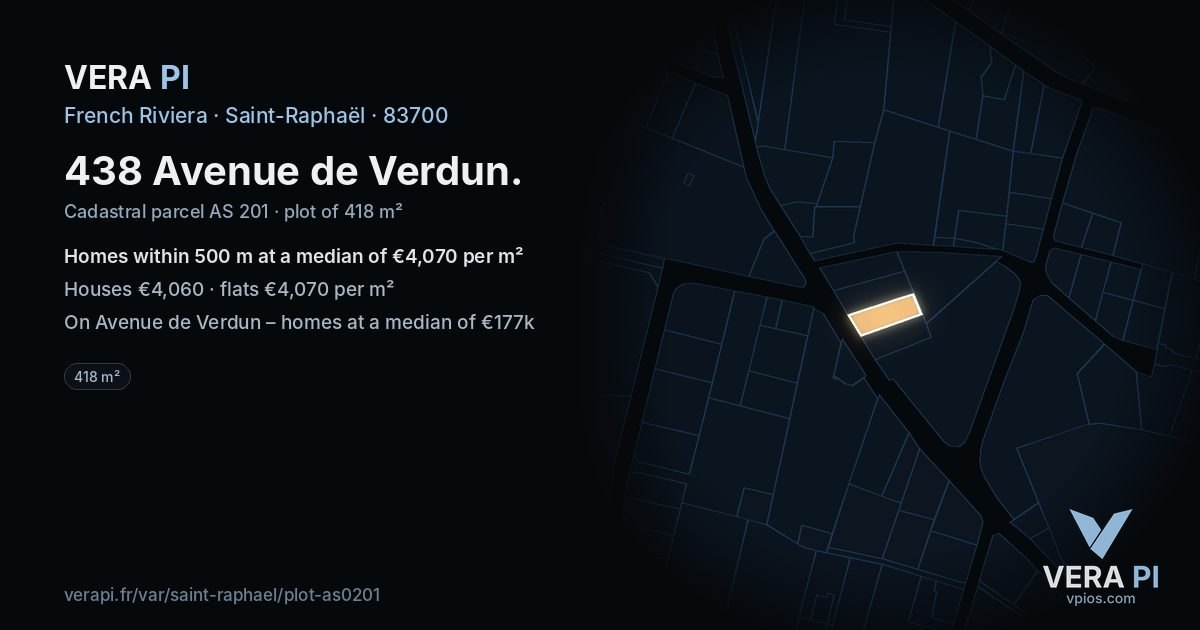 438 Avenue de Verdun, Saint-Raphaël at night – the plot lit, the parcels around coloured by the prices near them