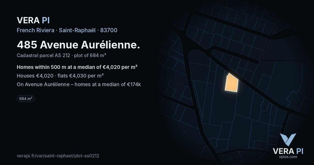 485 Avenue Aurélienne, Saint-Raphaël at night – the plot lit, the parcels around coloured by the prices near them