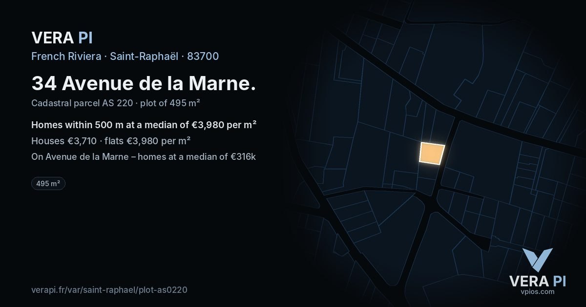 34 Avenue de la Marne, Saint-Raphaël at night – the plot lit, the parcels around coloured by the prices near them