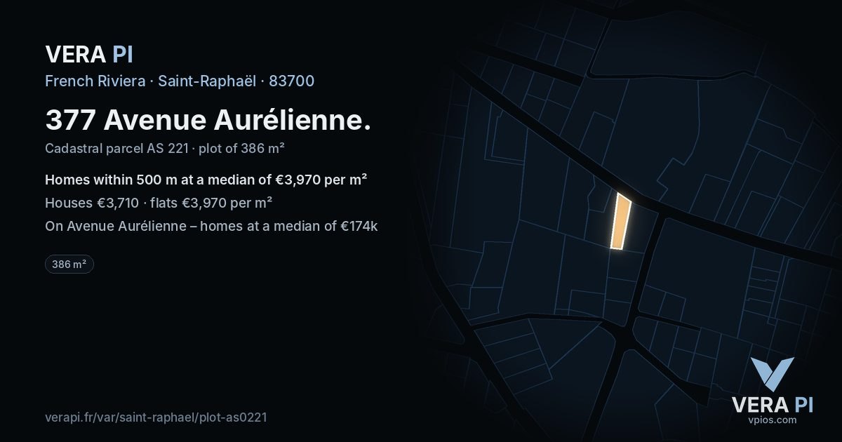 377 Avenue Aurélienne, Saint-Raphaël at night – the plot lit, the parcels around coloured by the prices near them