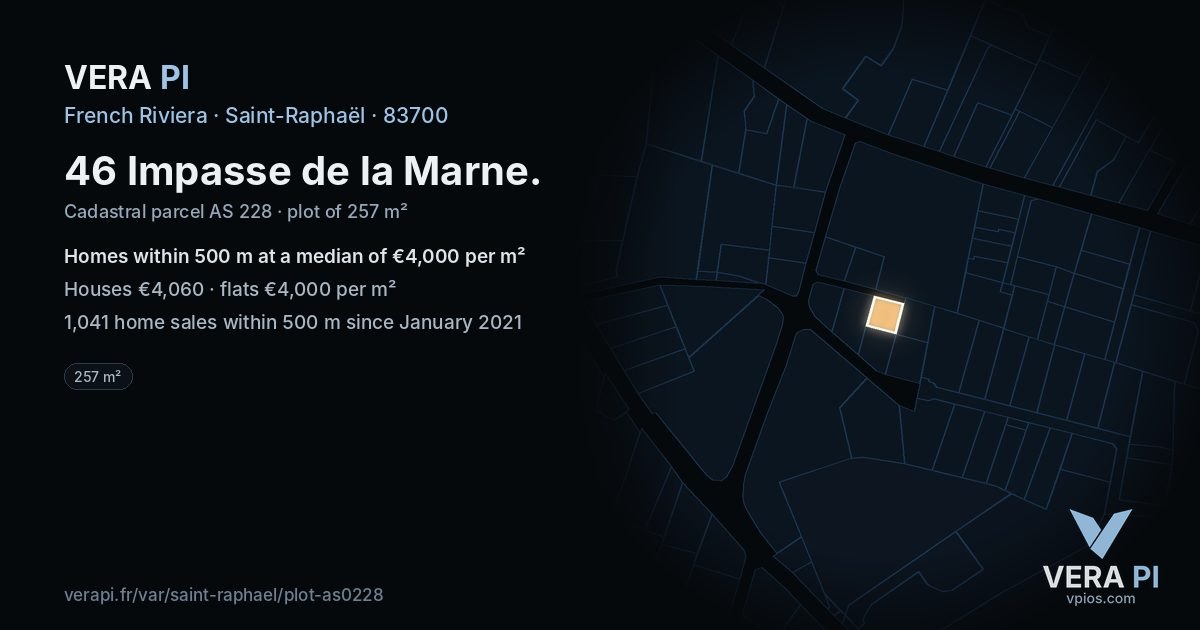 46 Impasse de la Marne, Saint-Raphaël at night – the plot lit, the parcels around coloured by the prices near them