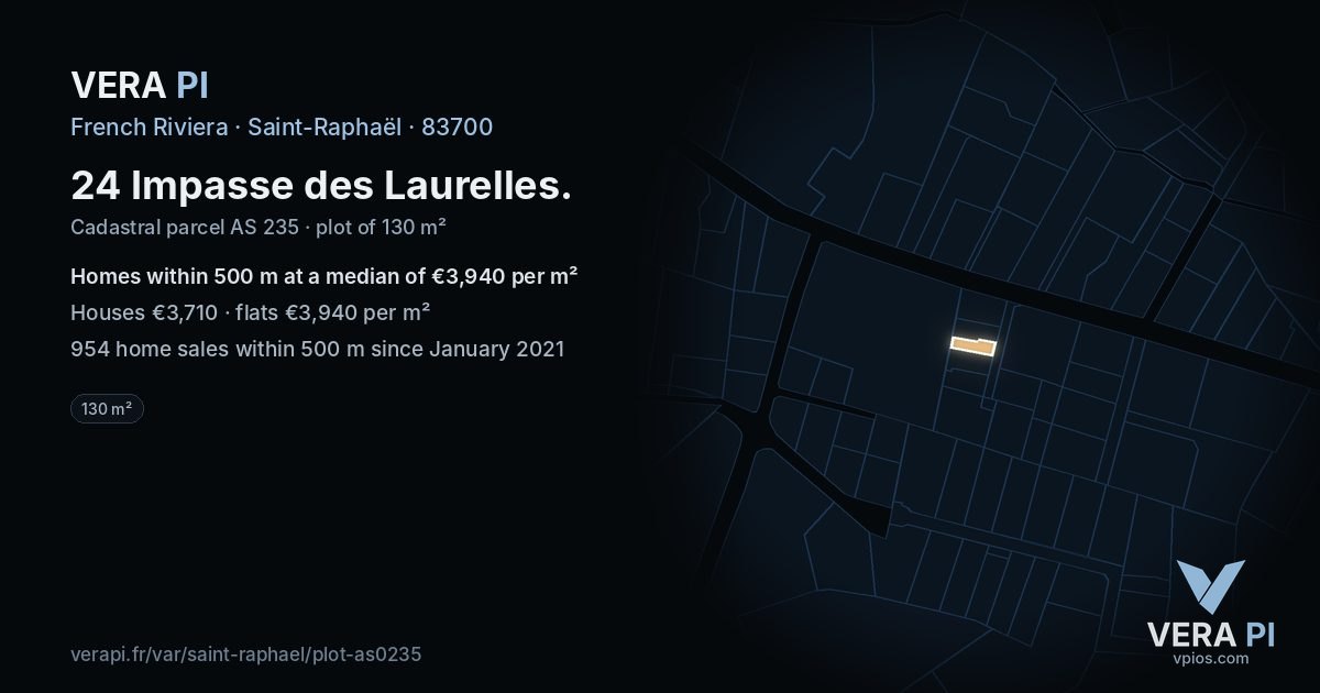 24 Impasse des Laurelles, Saint-Raphaël at night – the plot lit, the parcels around coloured by the prices near them