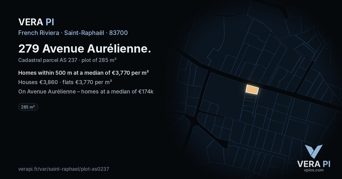 279 Avenue Aurélienne, Saint-Raphaël at night – the plot lit, the parcels around coloured by the prices near them