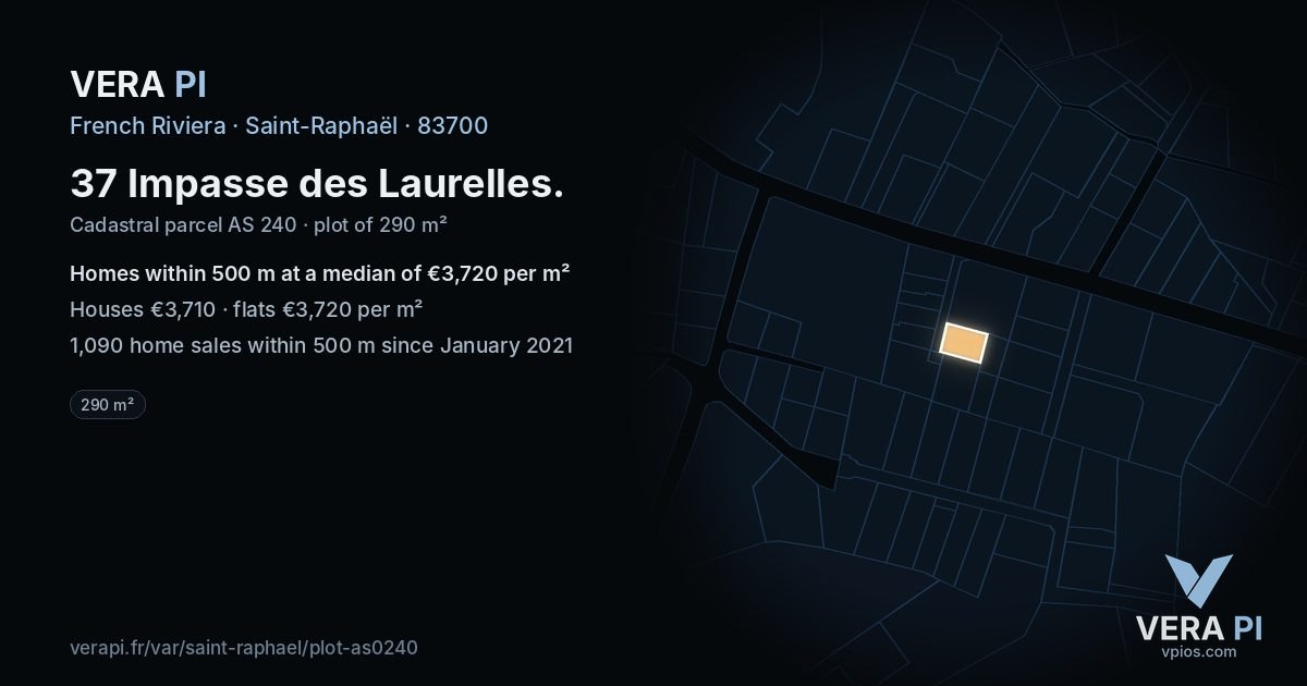 37 Impasse des Laurelles, Saint-Raphaël at night – the plot lit, the parcels around coloured by the prices near them
