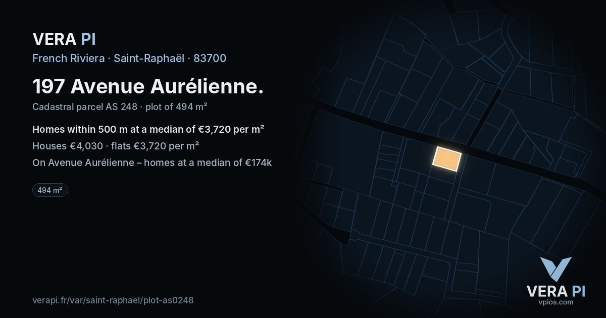 197 Avenue Aurélienne, Saint-Raphaël at night – the plot lit, the parcels around coloured by the prices near them