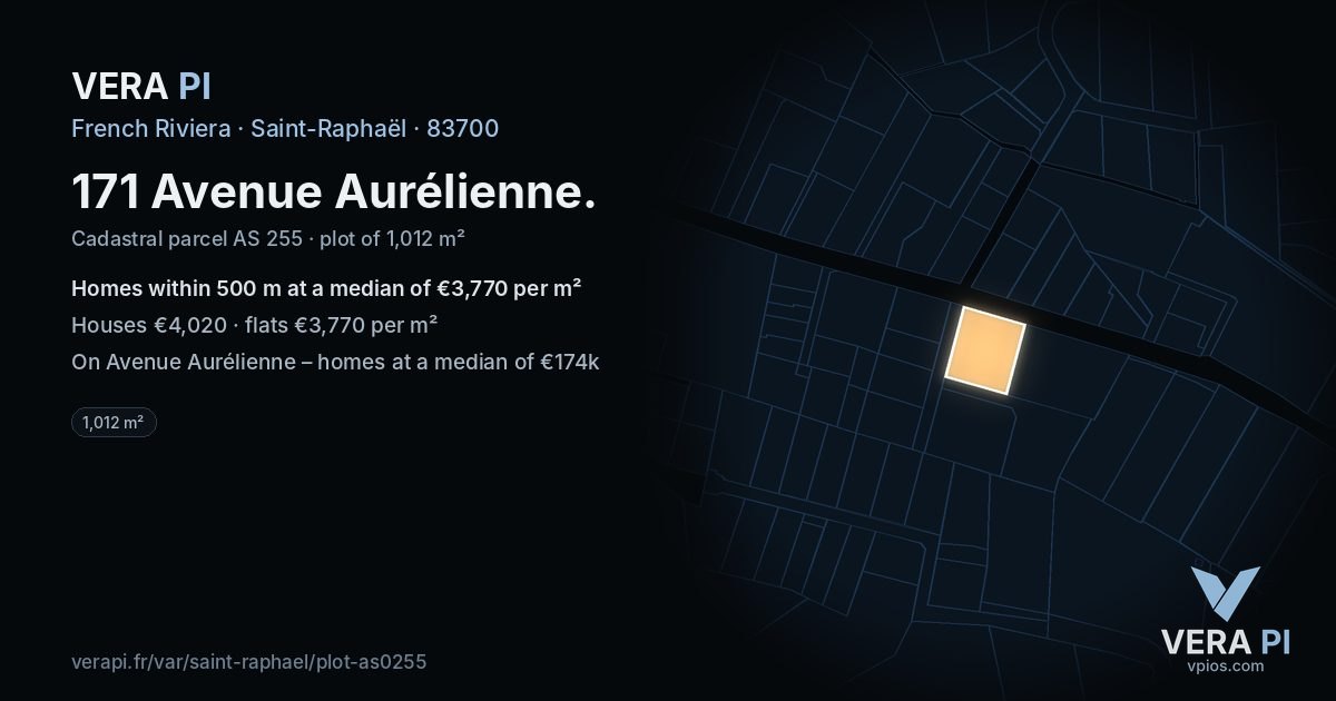 171 Avenue Aurélienne, Saint-Raphaël at night – the plot lit, the parcels around coloured by the prices near them