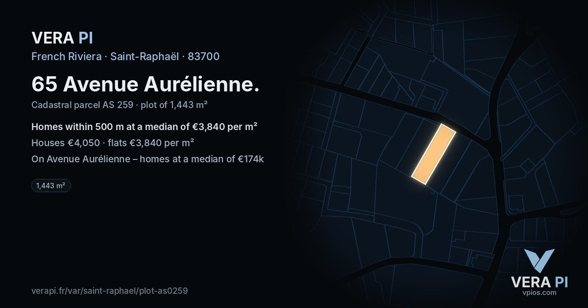 65 Avenue Aurélienne, Saint-Raphaël at night – the plot lit, the parcels around coloured by the prices near them