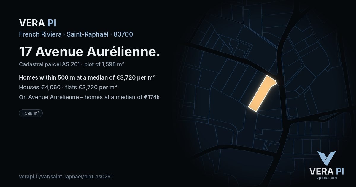 17 Avenue Aurélienne, Saint-Raphaël at night – the plot lit, the parcels around coloured by the prices near them