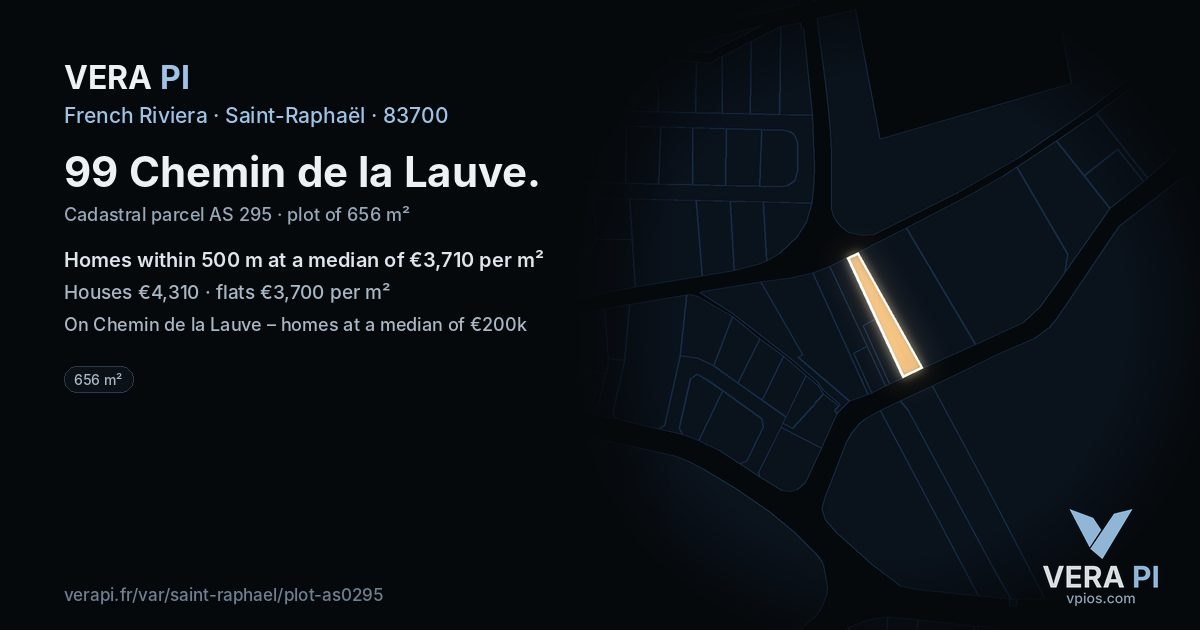 99 Chemin de la Lauve, Saint-Raphaël at night – the plot lit, the parcels around coloured by the prices near them