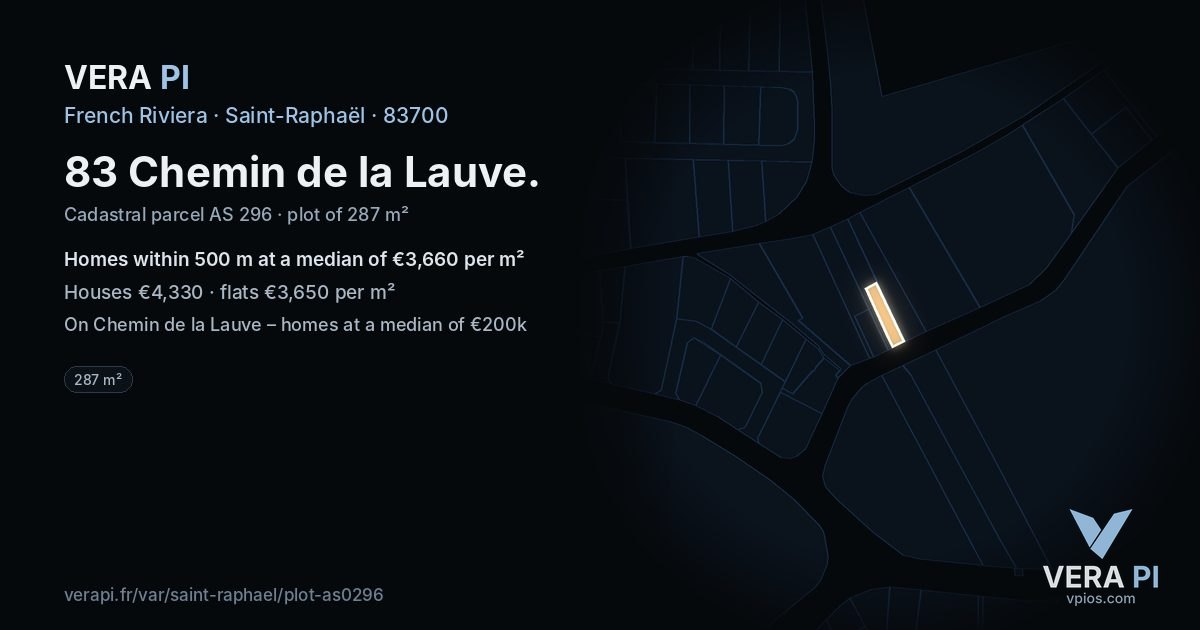 83 Chemin de la Lauve, Saint-Raphaël at night – the plot lit, the parcels around coloured by the prices near them