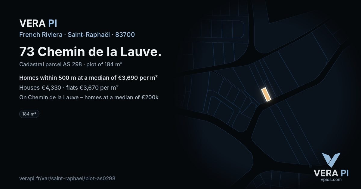 73 Chemin de la Lauve, Saint-Raphaël at night – the plot lit, the parcels around coloured by the prices near them