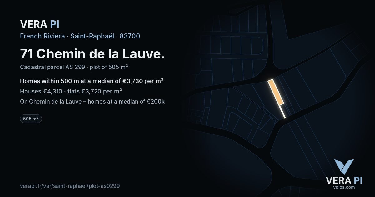 71 Chemin de la Lauve, Saint-Raphaël at night – the plot lit, the parcels around coloured by the prices near them