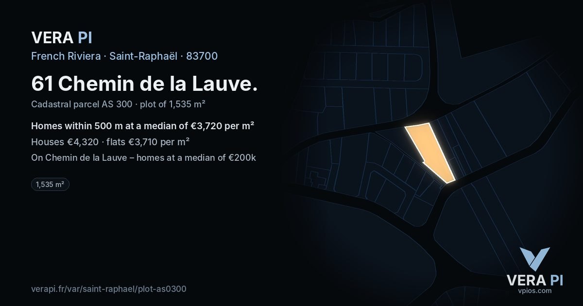 61 Chemin de la Lauve, Saint-Raphaël at night – the plot lit, the parcels around coloured by the prices near them