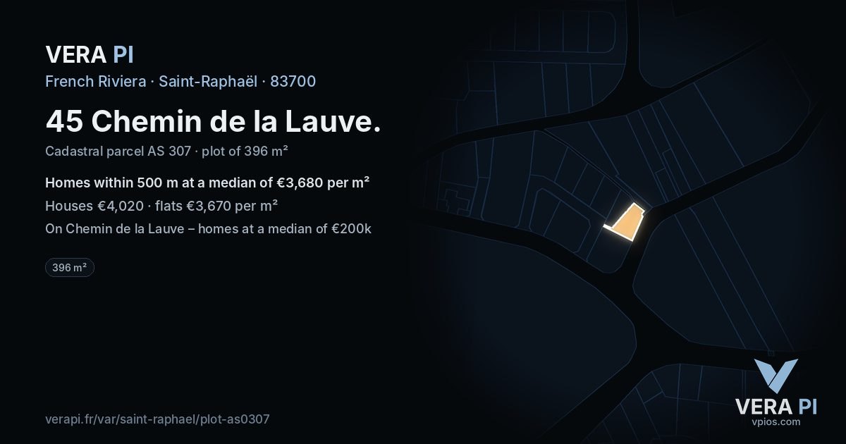 45 Chemin de la Lauve, Saint-Raphaël at night – the plot lit, the parcels around coloured by the prices near them