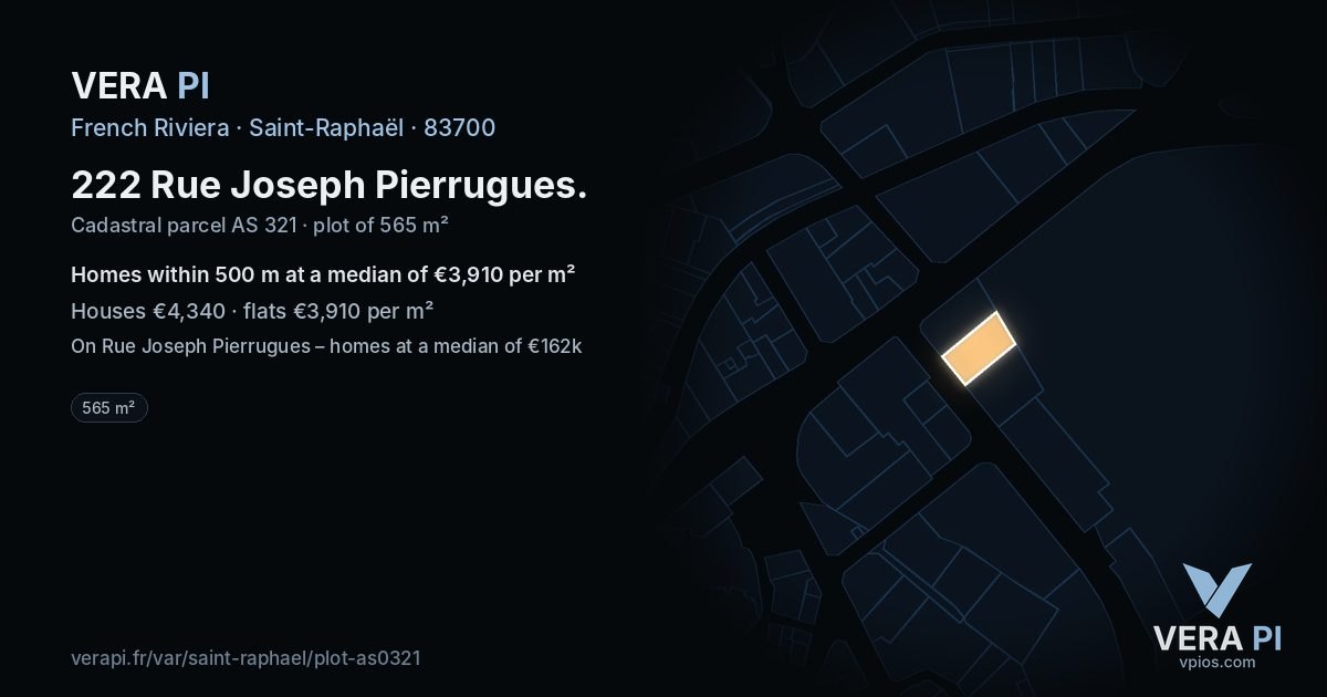 222 Rue Joseph Pierrugues, Saint-Raphaël at night – the plot lit, the parcels around coloured by the prices near them