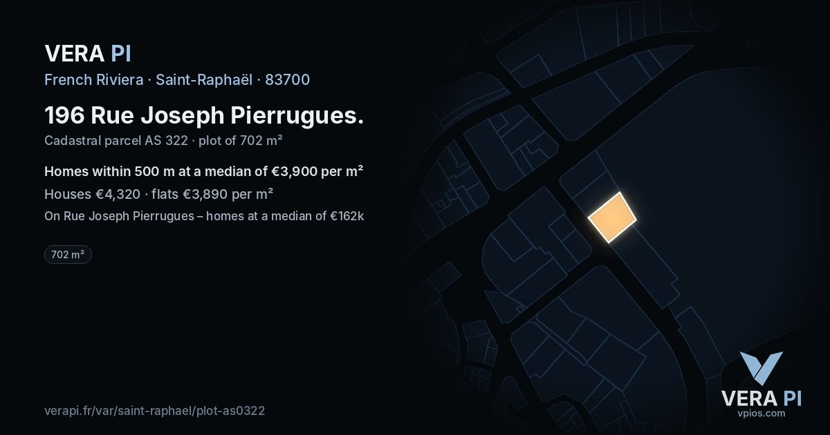 196 Rue Joseph Pierrugues, Saint-Raphaël at night – the plot lit, the parcels around coloured by the prices near them