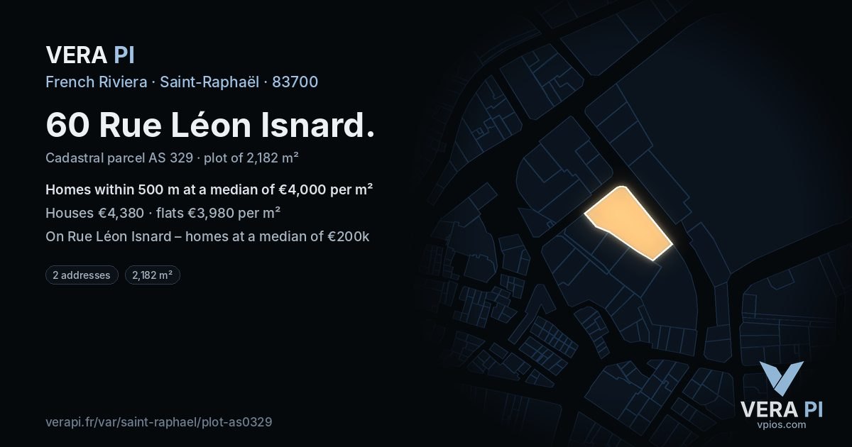 60 Rue Léon Isnard, Saint-Raphaël at night – the plot lit, the parcels around coloured by the prices near them