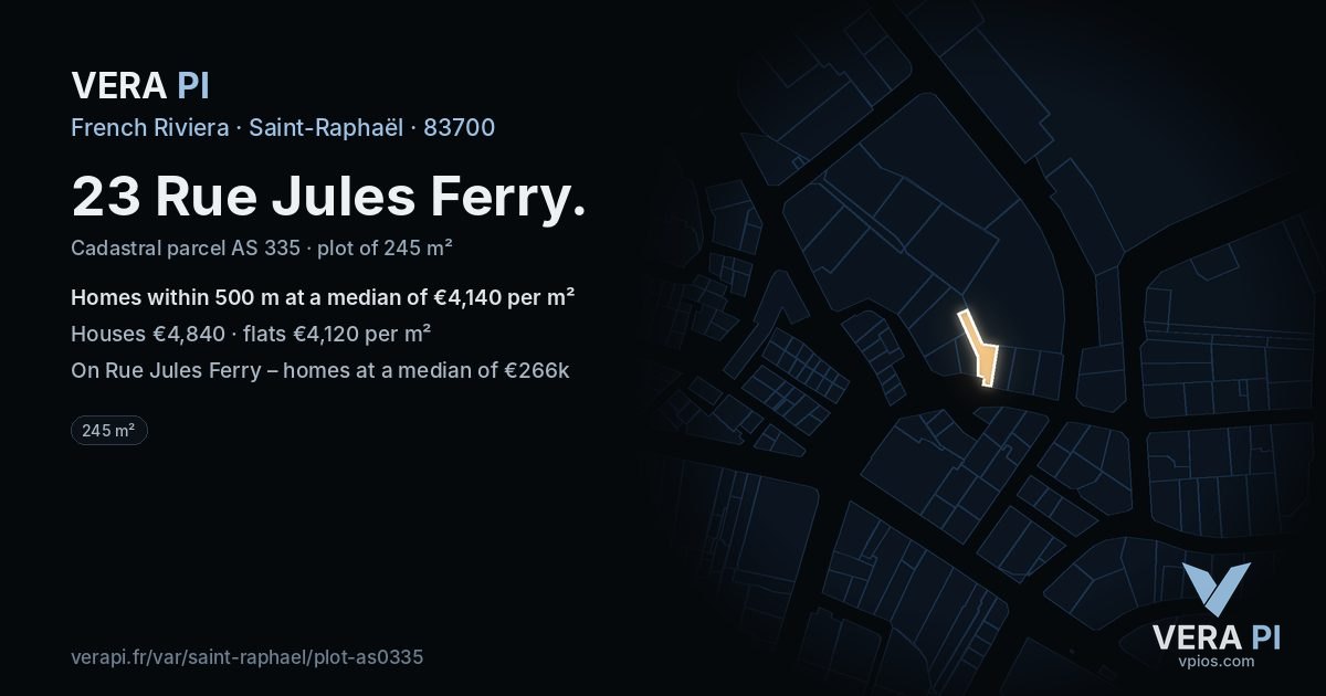 23 Rue Jules Ferry, Saint-Raphaël at night – the plot lit, the parcels around coloured by the prices near them