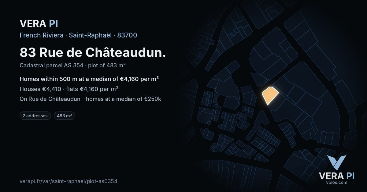 83 Rue de Châteaudun, Saint-Raphaël at night – the plot lit, the parcels around coloured by the prices near them