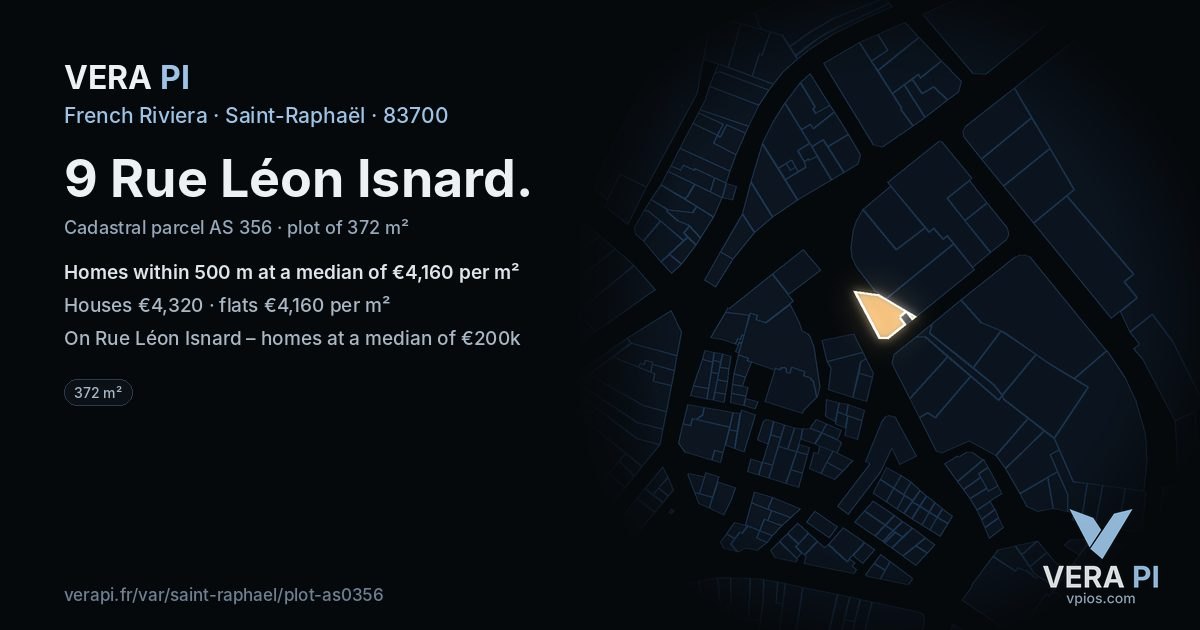 9 Rue Léon Isnard, Saint-Raphaël at night – the plot lit, the parcels around coloured by the prices near them