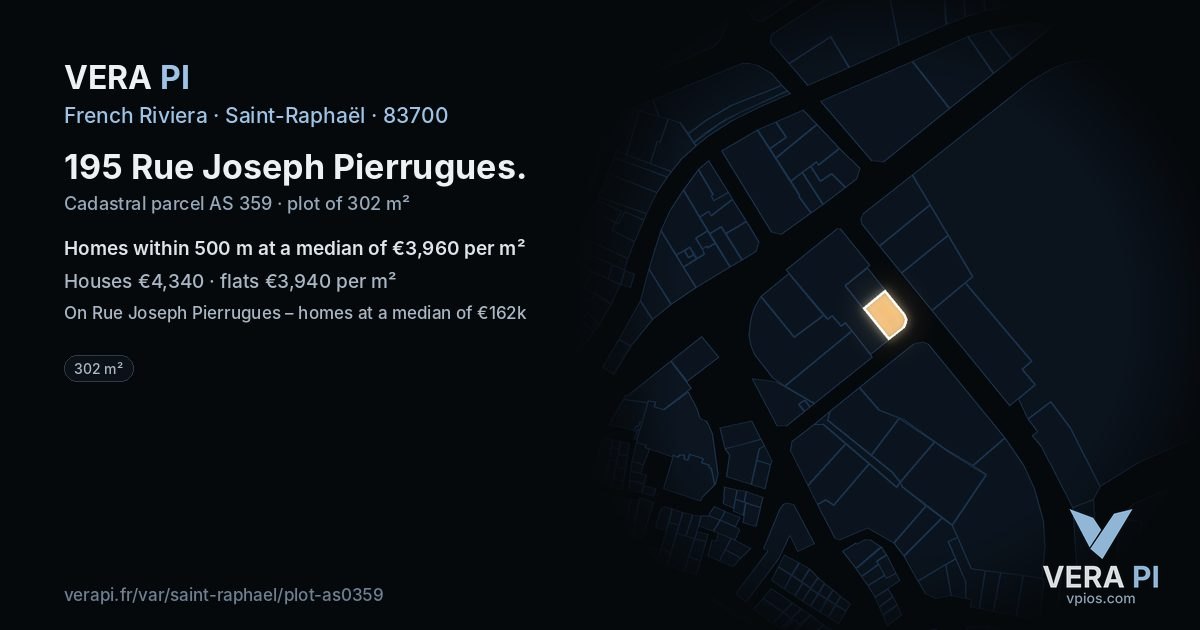 195 Rue Joseph Pierrugues, Saint-Raphaël at night – the plot lit, the parcels around coloured by the prices near them
