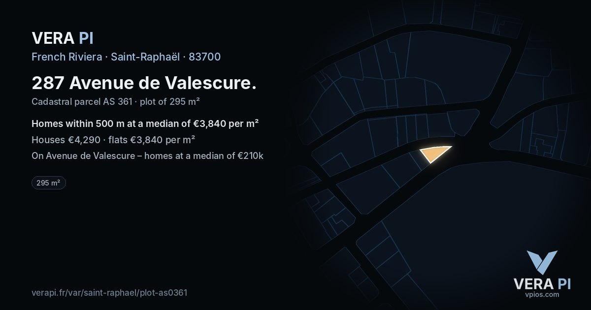 287 Avenue de Valescure, Saint-Raphaël at night – the plot lit, the parcels around coloured by the prices near them