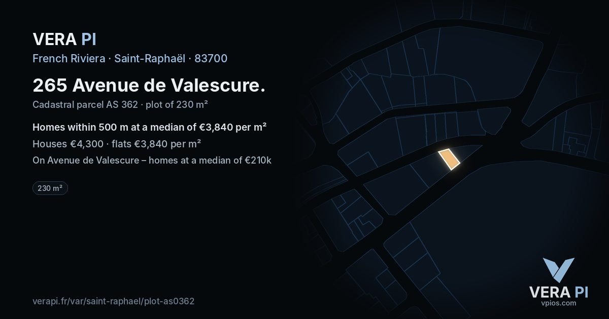 265 Avenue de Valescure, Saint-Raphaël at night – the plot lit, the parcels around coloured by the prices near them