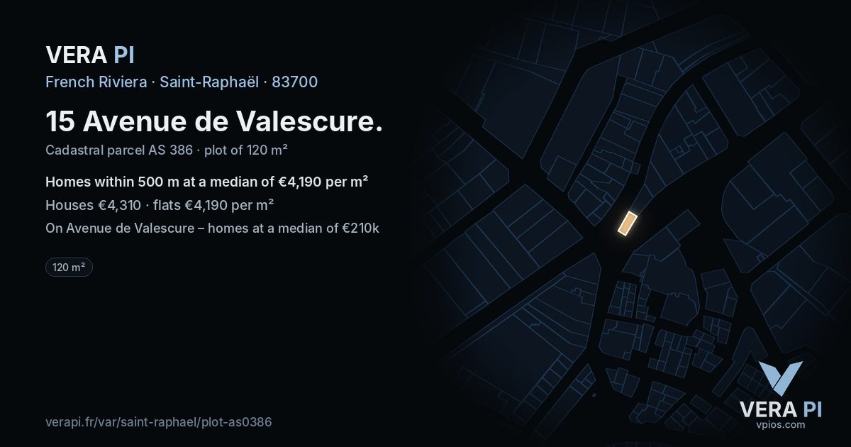 15 Avenue de Valescure, Saint-Raphaël at night – the plot lit, the parcels around coloured by the prices near them