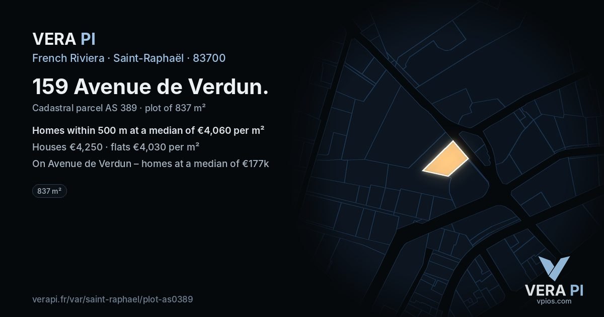 159 Avenue de Verdun, Saint-Raphaël at night – the plot lit, the parcels around coloured by the prices near them