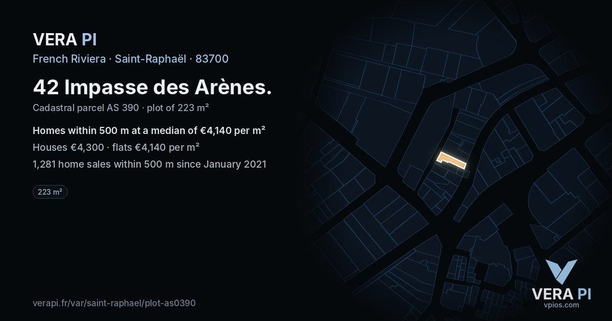 42 Impasse des Arènes, Saint-Raphaël at night – the plot lit, the parcels around coloured by the prices near them