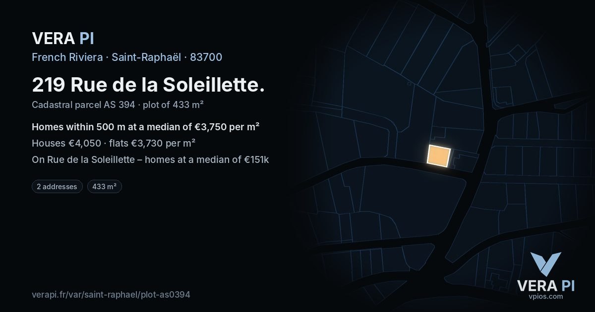 219 Rue de la Soleillette, Saint-Raphaël at night – the plot lit, the parcels around coloured by the prices near them
