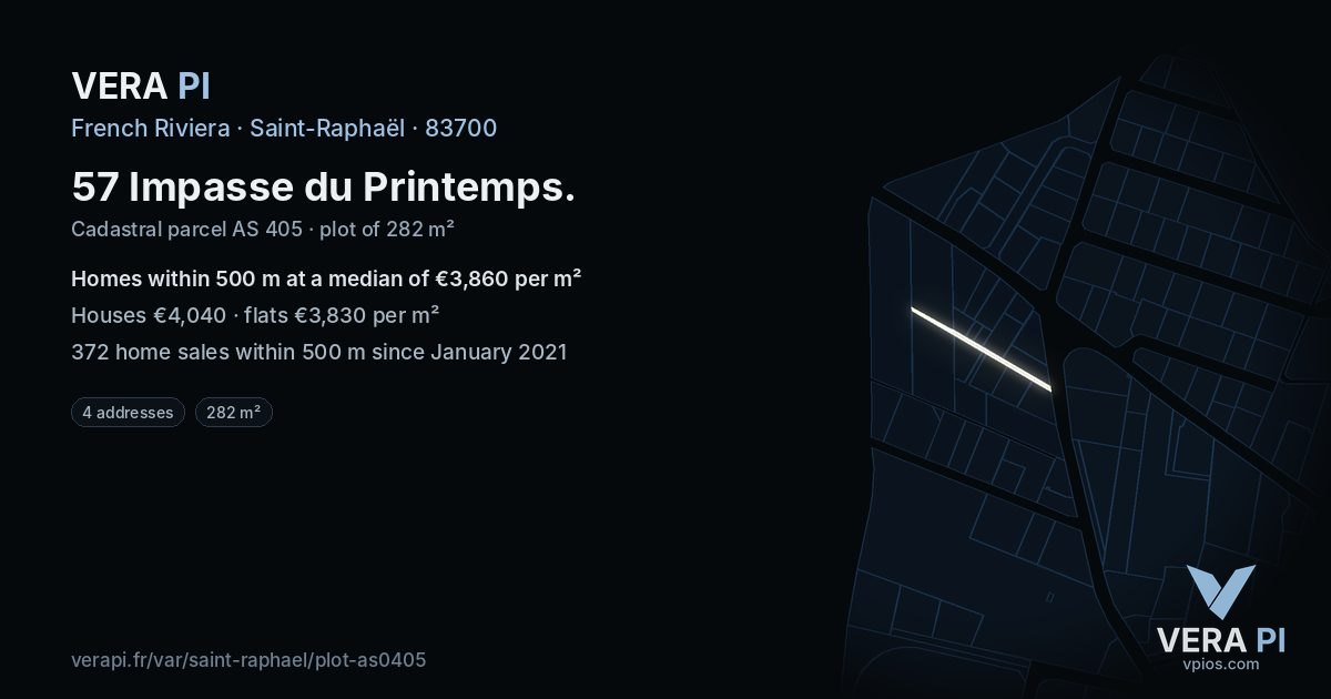 57 Impasse du Printemps, Saint-Raphaël at night – the plot lit, the parcels around coloured by the prices near them