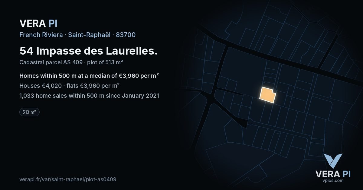 54 Impasse des Laurelles, Saint-Raphaël at night – the plot lit, the parcels around coloured by the prices near them