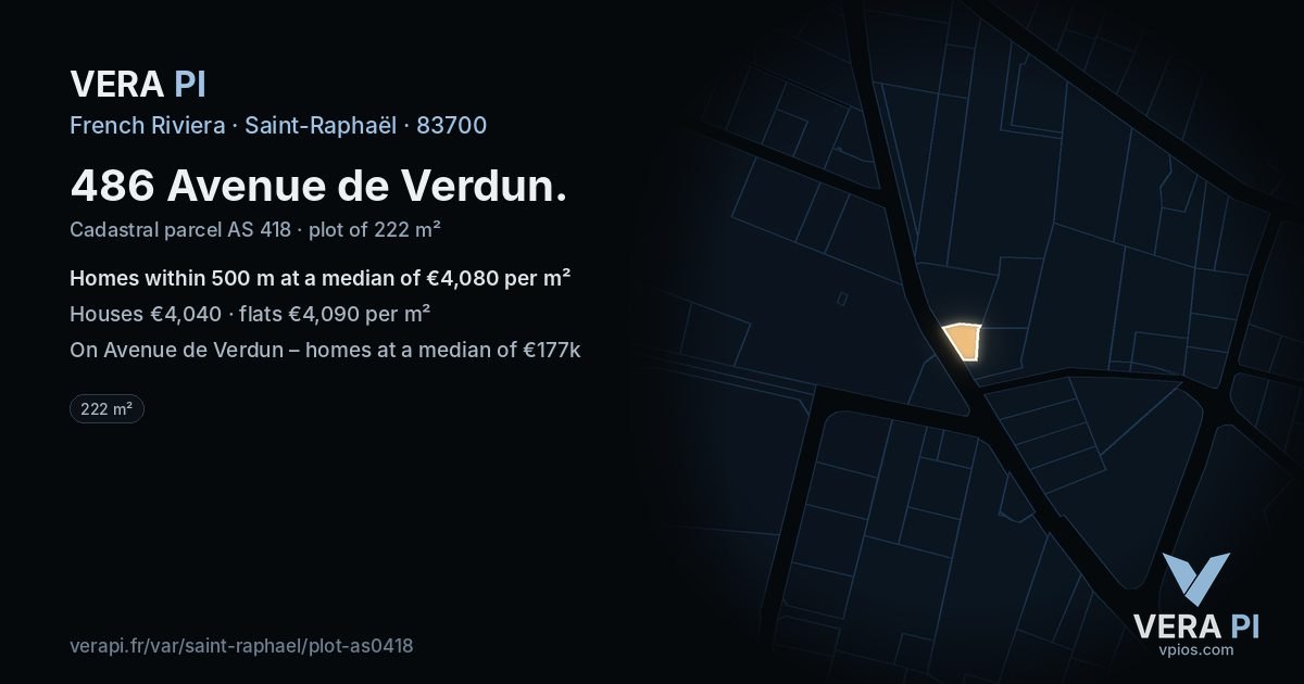 486 Avenue de Verdun, Saint-Raphaël at night – the plot lit, the parcels around coloured by the prices near them